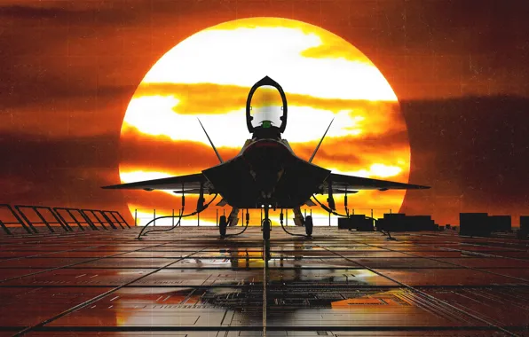 Picture Sunset, The sun, The plane, Fighter, F-22, Raptor, Rendering, F-22 Raptor