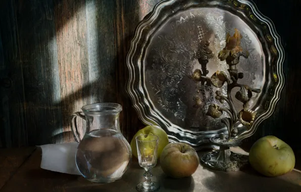 Apples, still life, candle holder, tray