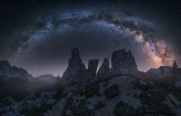 Stars, mountains, night, rocks, Alps, The Milky Way