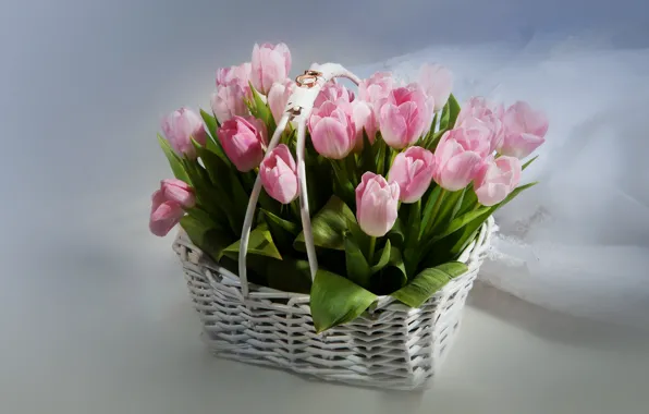 Bouquet, ring, tulips, basket, veil, wedding, wedding