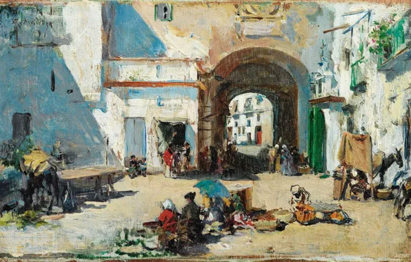 Picture oil, panel, arch, lane, Raimundo de Madrazo-and-Garrett, Street scene