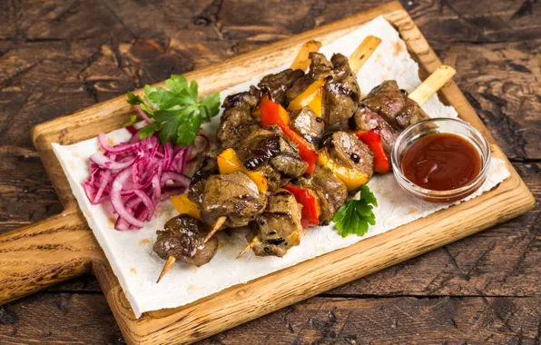 Bow, meat, vegetables, sauce, kebab
