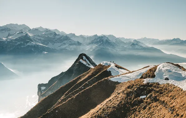 Picture snow, mountains, fog, people, mountains, Alps, Swiss Alps, The Swiss Alps