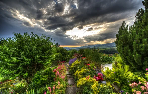 Greens, landscape, flowers, mountains, clouds, field, HDR, Switzerland
