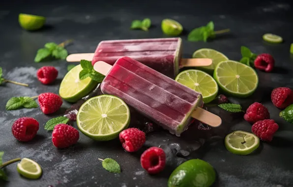 Raspberry, ice cream, lime, digital art, fruit ice, AI art, neural network, the art of …