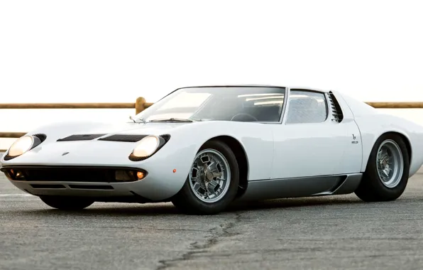 Auto, Lamborghini, White, Retro, Machine, Eyelashes, 1969, Lights