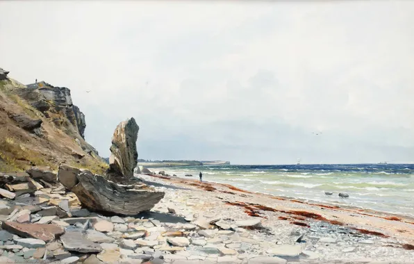Sea, landscape, stones, people, rocks, shore, coast, watercolor