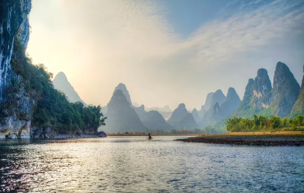 Picture mountains, river, boat