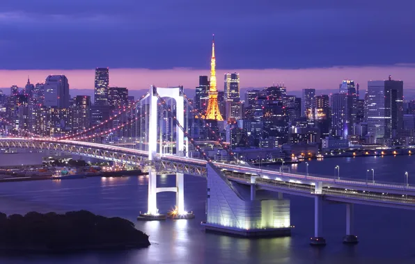 Bridge, Japan, Tokyo, panorama, Bay, Tokyo, Japan, night city