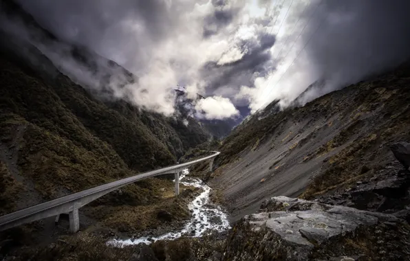Mountains, bridge, New Zealand, Canterbury, Castle Hill Village