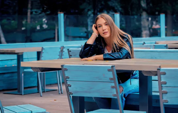Girl, pose, chairs, tables, long hair, Grigory Pozdnyakov