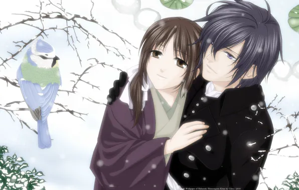 Winter, girl, snow, tree, bird, pair, guy, Saito Hajime