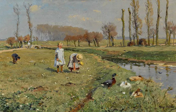 Picture oil on canvas, German impressionist painter, Hugo Mühlig, German Impressionist painter, Hugo Muhlig, Flower-Picking Children, …