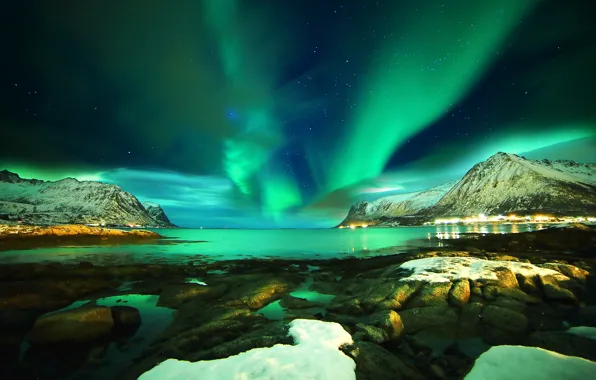 Sea, stars, snow, mountains, night, stones, Norway, Northern lights