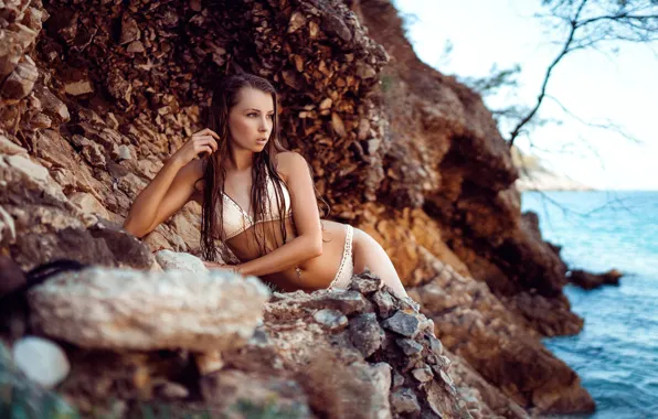 Sea, swimsuit, stones, shore, model, makeup, figure, piercing