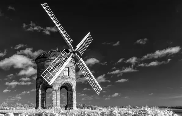 Picture the sky, mill, b & W photo