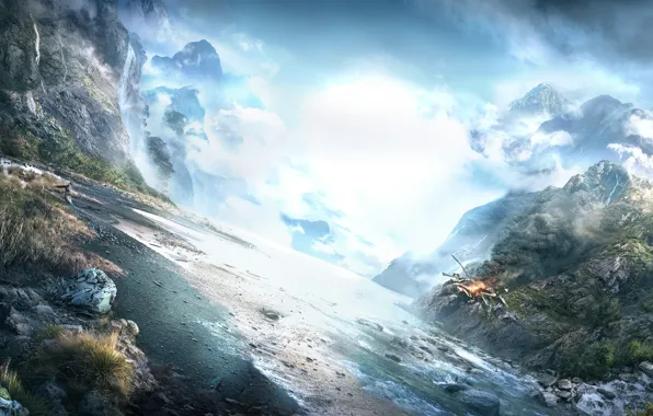 The sky, landscape, mountains, nature, the game, helicopter, Ubisoft, shooter