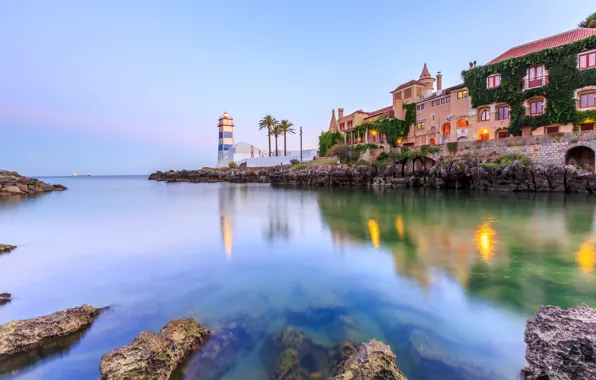 Sea, the sky, stones, palm trees, rocks, lighthouse, home, Bay