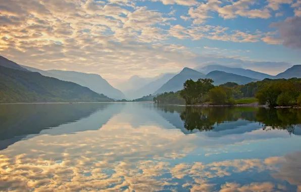 The sky, clouds, trees, mountains, lake, reflection, morning