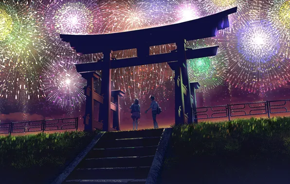 Girl, night, guy, fireworks, torii, schoolboys