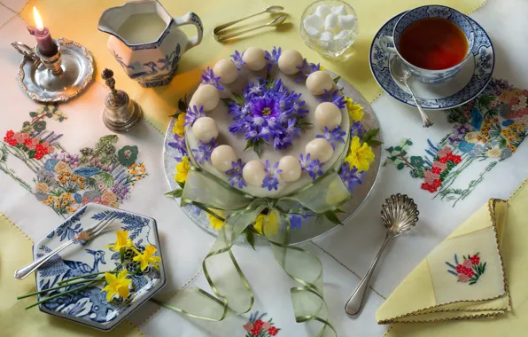 Flowers, style, tea, candle, Easter, mug, Cup, cake