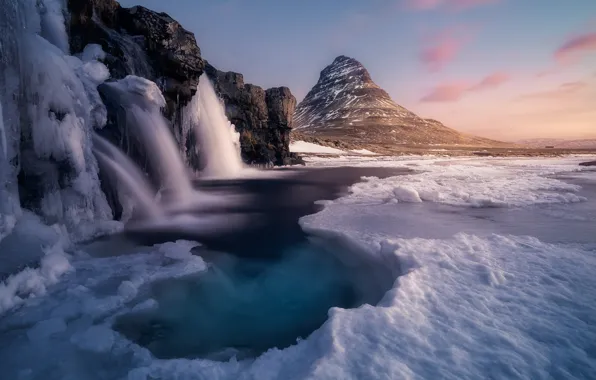 Ice, winter, nature, river, mountain, waterfall