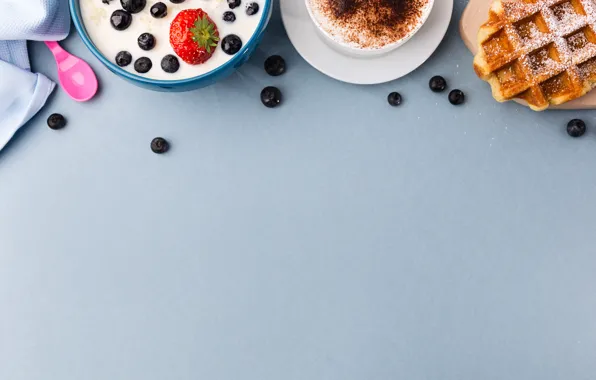 Berries, coffee, waffles, Breakfast