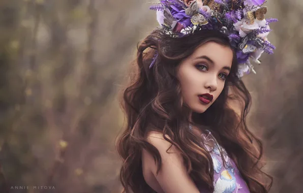 Picture look, face, hair, makeup, girl, wreath, bokeh, Annie Mitova