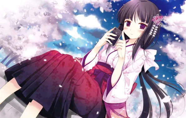 Picture petals, Sakura, girl, phone, kimono, flowering, long hair, art