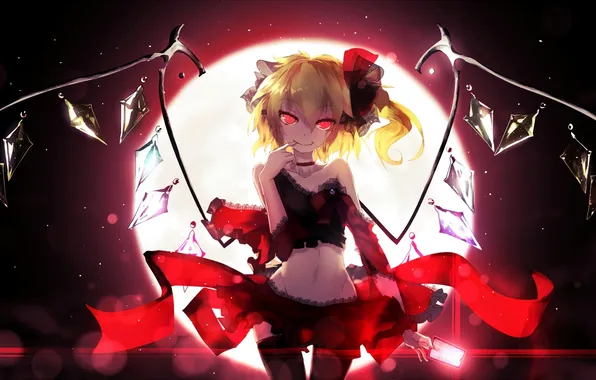 Girl, the moon, wings, anime, mirror, art, crystals, touhou
