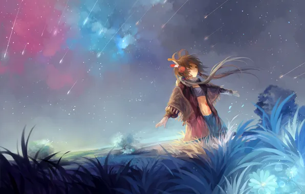 Grass, stars, night, the wind, art, girl, vocaloid, luo tianyi