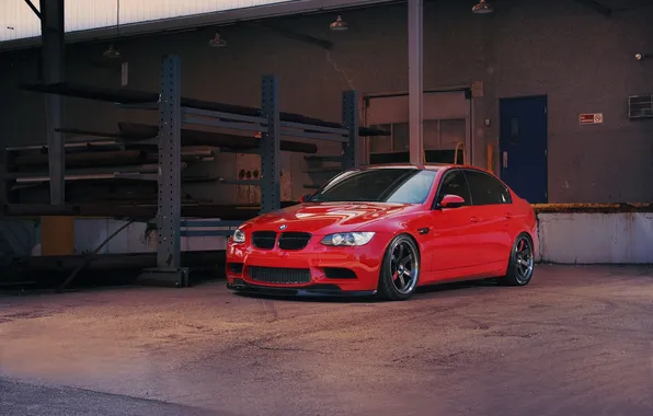 Red, the building, bmw, BMW, the door, blue, e90, metal supports