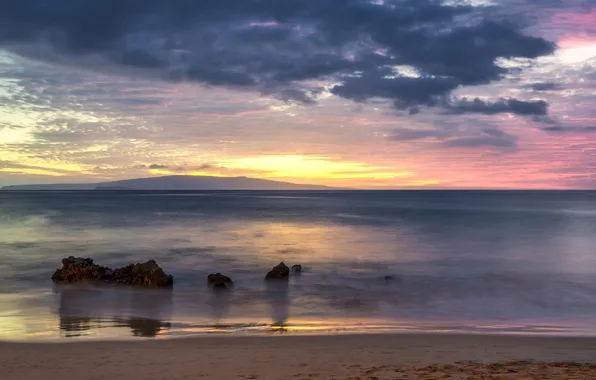 Sea, beach, mountains, shore, morning, horizon