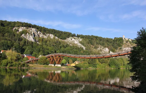 Forest, the sky, trees, mountains, bridge, nature, river, home