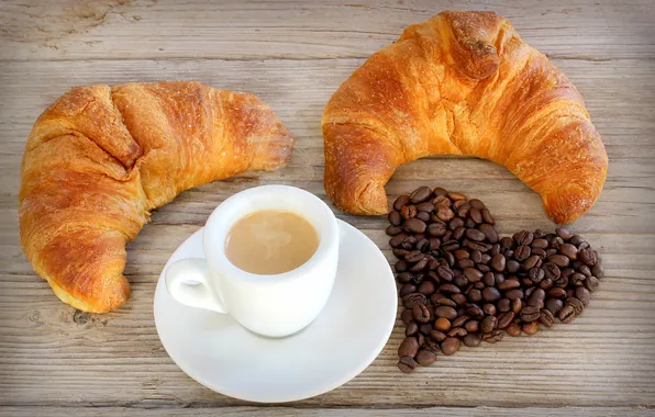 Picture heart, coffee, coffee beans, cakes, croissants