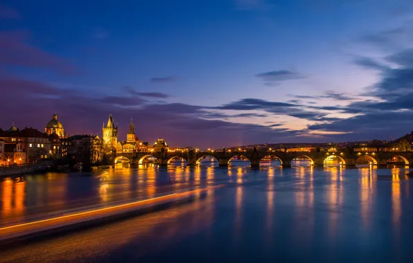 Picture the sky, clouds, bridge, lights, river, home, the evening, Prague