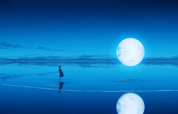Picture sea, night, the moon, fantasy, girl