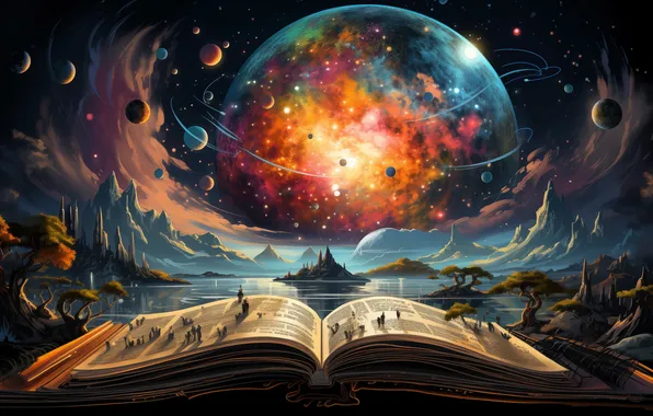 The sky, space, mountains, night, the dark background, people, fantasy, planet
