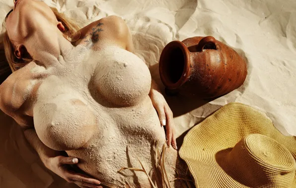 Chest, girl, pose, model, naked, body, hat, figure