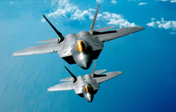 The sky, clouds, fighter, aircraft, two, F-22 raptor