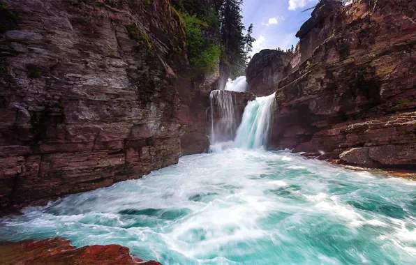 Rocks, waterfall, stream, gorge, Montana, USA, glacier national Park
