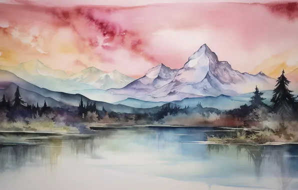 Forest, the sky, mountains, reflection, rocks, the slopes, tops, blur