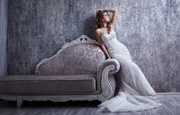 Pose, style, sofa, dress, the bride, wedding dress