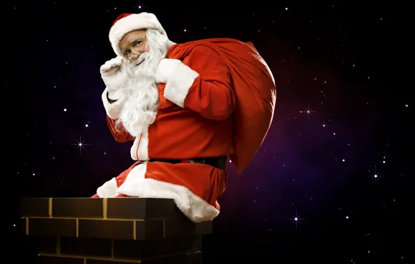 New year, Santa Claus, a bag with gifts, on the roof, sitting on the tube