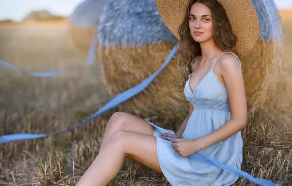 Picture field, girl, tape, hat, barefoot, dress, hay, barefoot