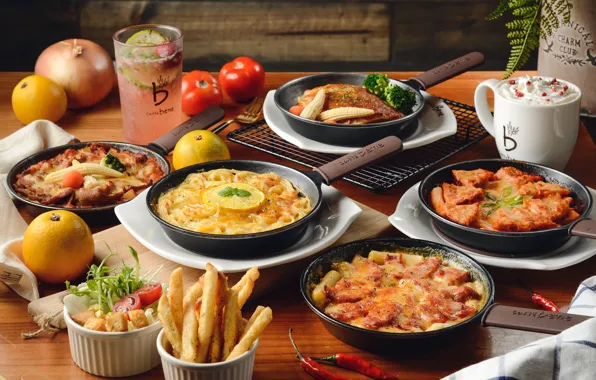 Drinks, vegetables, meals, potatoes, cuts