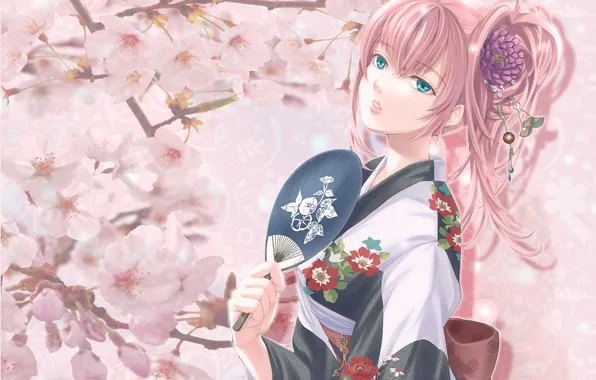 Girl, spring, anime, Sakura, fan, kimono