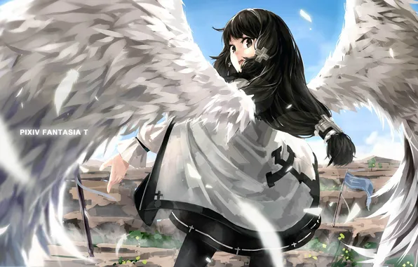 Girl, wings, angel, anime, feathers, art