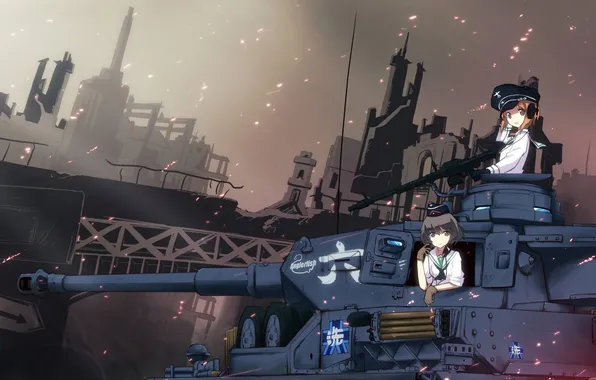 The city, girls, art, tank, ruins, cap, uiu, girls and panzer