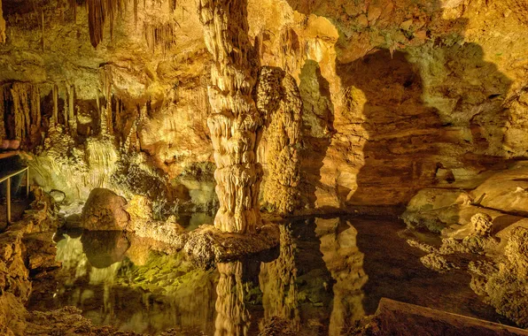 Water, light, cave, USA, New Mexico, column, the grotto, Carlsbad Caverns National Park